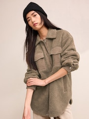 Taupe Brown Borg Fleece Corduroy Pocket Detail Teddy Jacket - Image 3 of 5