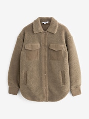 Taupe Brown Borg Fleece Corduroy Pocket Detail Teddy Jacket - Image 4 of 5