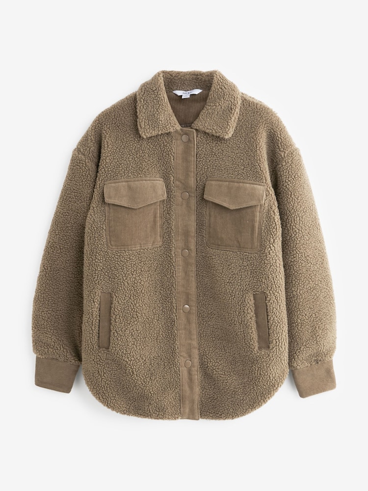 Taupe Brown Borg Fleece Corduroy Pocket Detail Teddy Jacket - Image 4 of 5