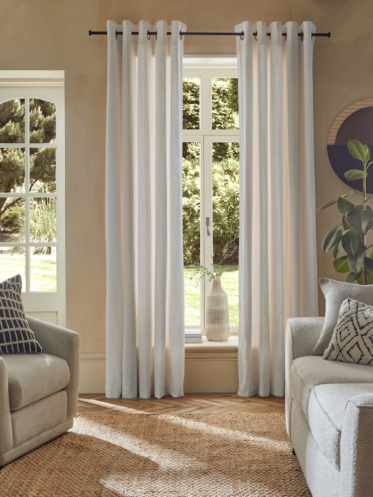 White Washed Cotton Linen Eyelet Lined Curtains - Image 7 of 7 White Washed Cotton Linen Eyelet Lined Curtains - Image 7 of 7