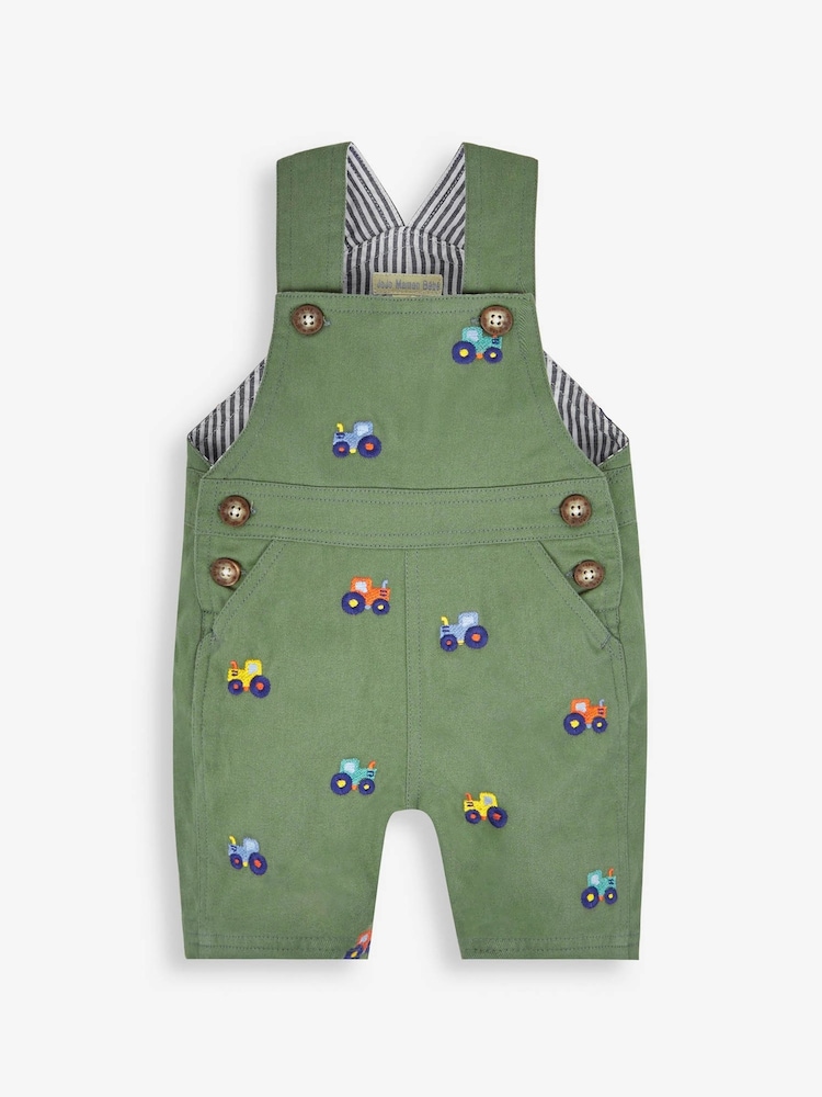 JoJo Maman Bébé Khaki Tractor Embroidered Short Dungarees - Image 1 of 2