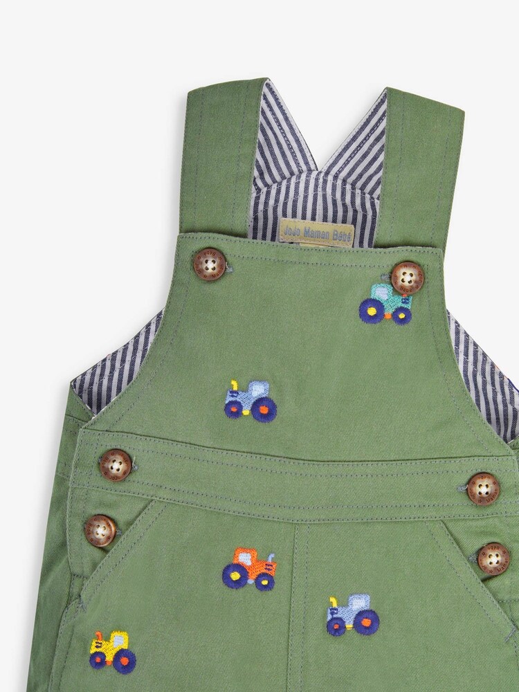 JoJo Maman Bébé Khaki Tractor Embroidered Short Dungarees - Image 2 of 2
