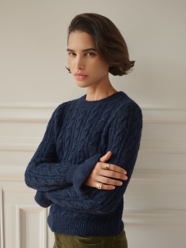 BHOEM Navy Crew Neck Cables Knit Jumper Cuff Frill detail with Wool - Image 1 of 5