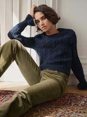 BHOEM Navy Crew Neck Cables Knit Jumper Cuff Frill detail with Wool - Image 2 of 5