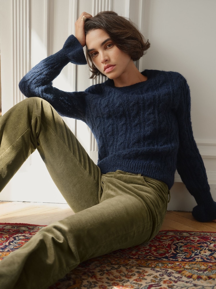 BHOEM Navy Crew Neck Cables Knit Jumper Cuff Frill detail with Wool - Image 2 of 5