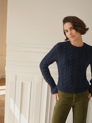 BHOEM Navy Crew Neck Cables Knit Jumper Cuff Frill detail with Wool - Image 3 of 5