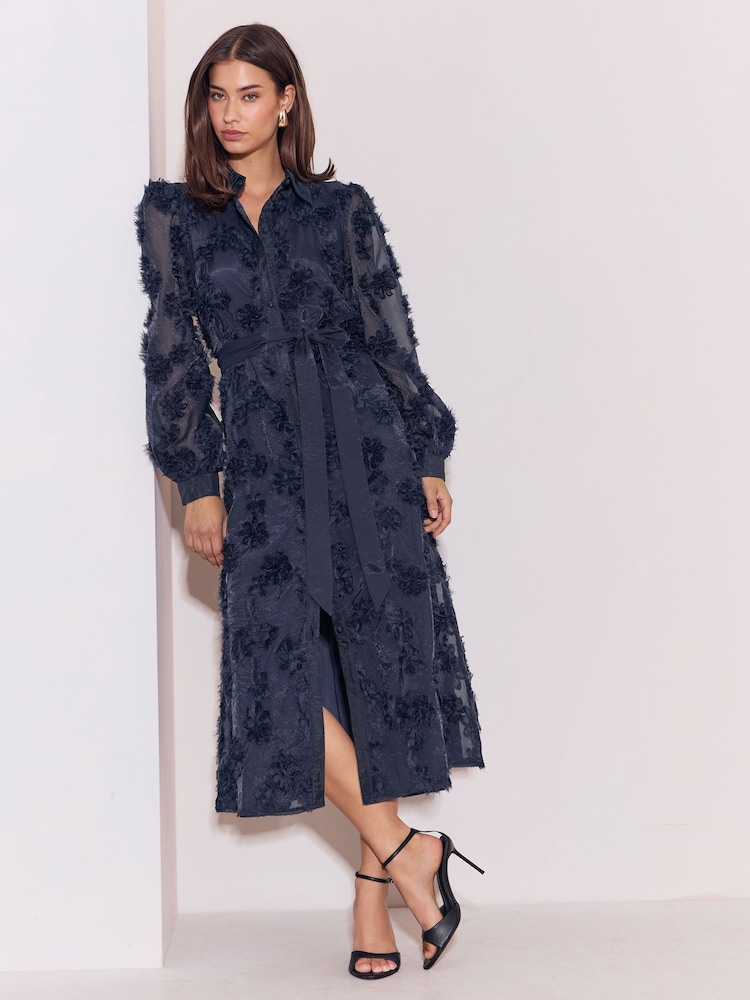 Lipsy Navy Long Sleeve Floral 3D Texture Fit And Flare Shirt Dress - Image 1 of 5