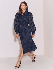 Lipsy Navy Long Sleeve Floral 3D Texture Fit And Flare Shirt Dress - Image 3 of 5