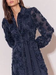 Lipsy Navy Long Sleeve Floral 3D Texture Fit And Flare Shirt Dress - Image 4 of 5