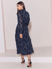 Lipsy Navy Long Sleeve Floral 3D Texture Fit And Flare Shirt Dress - Image 5 of 5