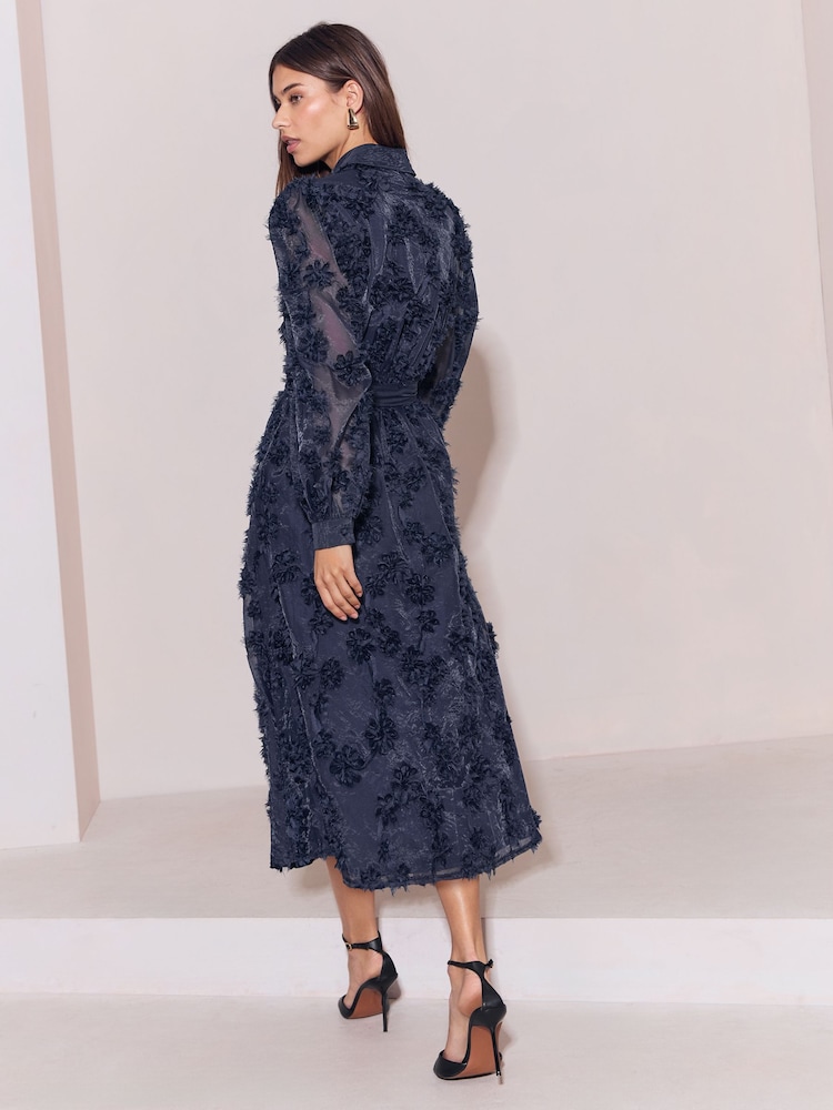 Lipsy Navy Long Sleeve Floral 3D Texture Fit And Flare Shirt Dress - Image 5 of 5