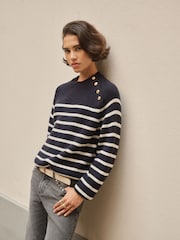 BHOEM Navy/white Golden Buttons Stripes Knit Jumper with Wool - Image 1 of 5