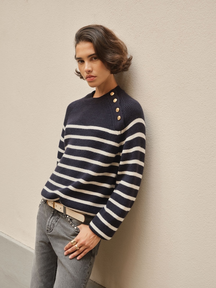 BHOEM Navy/white Golden Buttons Stripes Knit Jumper with Wool - Image 1 of 5