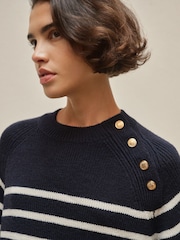 BHOEM Navy/white Golden Buttons Stripes Knit Jumper with Wool - Image 2 of 5