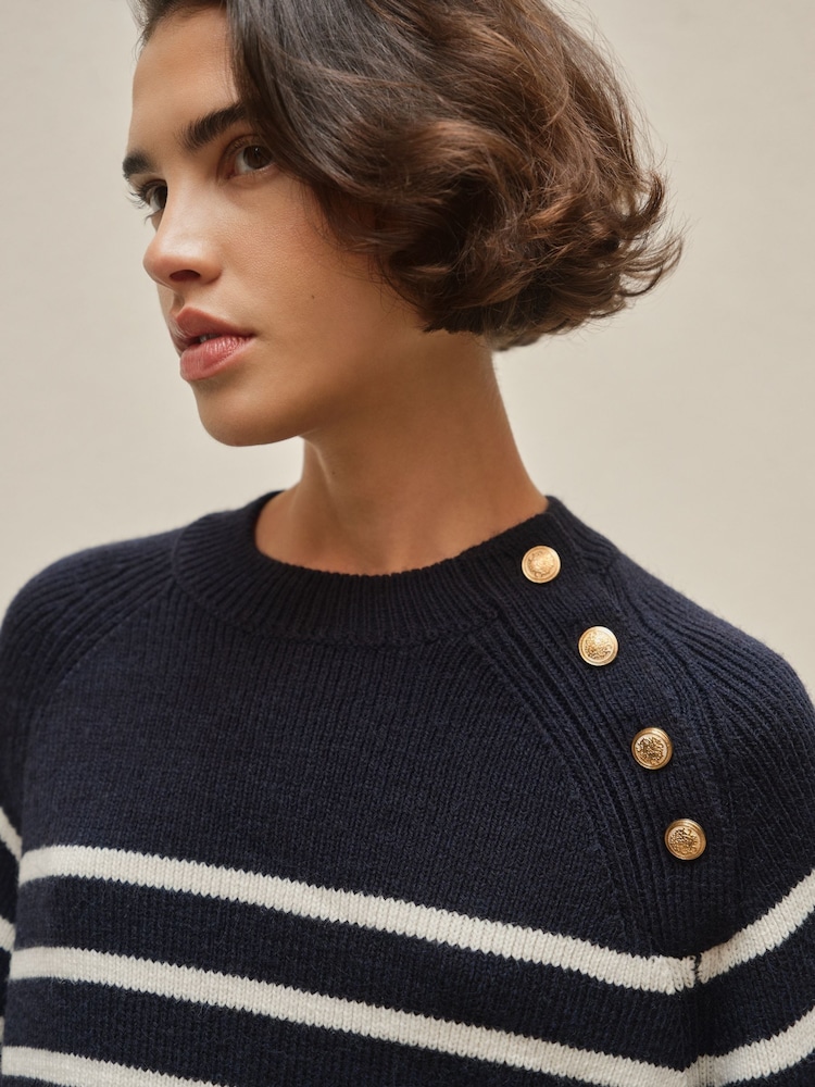 BHOEM Navy/white Golden Buttons Stripes Knit Jumper with Wool - Image 2 of 5