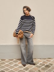 BHOEM Navy/white Golden Buttons Stripes Knit Jumper with Wool - Image 3 of 5