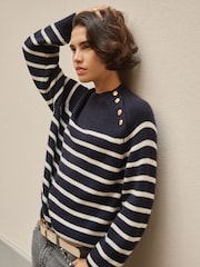 BHOEM Navy/white Golden Buttons Stripes Knit Jumper with Wool - Image 4 of 5