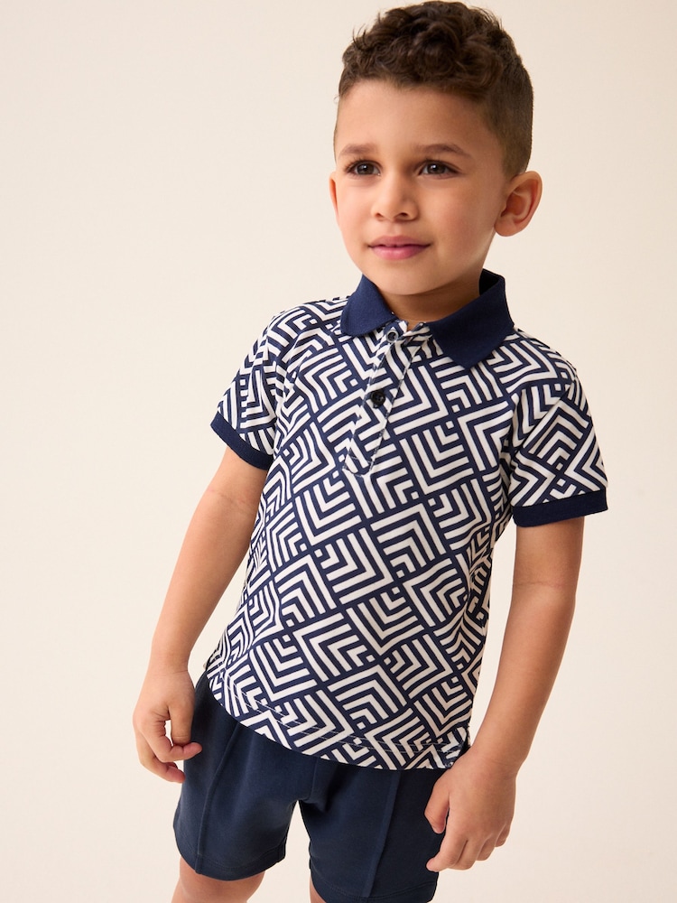 Navy/White 100% Cotton Short Sleeve Polo and Shorts Set (3mths-7yrs) - Image 2 of 7