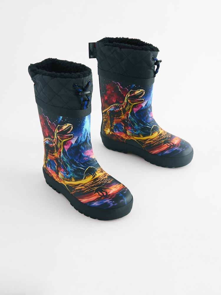Black Multi Dinosaur Print Cuff Wellies - Image 1 of 5 Black Multi Dinosaur Print Cuff Wellies - Image 1 of 5