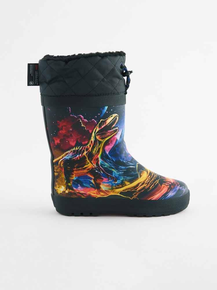 Black Multi Dinosaur Print Cuff Wellies - Image 2 of 5 Black Multi Dinosaur Print Cuff Wellies - Image 2 of 5
