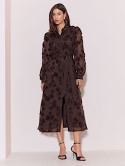 Lipsy Chocolate Brown Long Sleeve Floral 3D Texture Fit And Flare Shirt Dress - Image 1 of 5