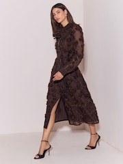 Lipsy Chocolate Brown Long Sleeve Floral 3D Texture Fit And Flare Shirt Dress - Image 3 of 5