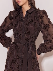 Lipsy Chocolate Brown Long Sleeve Floral 3D Texture Fit And Flare Shirt Dress - Image 4 of 5