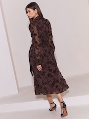 Lipsy Chocolate Brown Long Sleeve Floral 3D Texture Fit And Flare Shirt Dress - Image 5 of 5