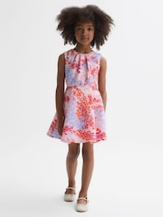 Reiss Pink Print Max Junior Floral Print Pleated Scuba Dress - Image 3 of 6