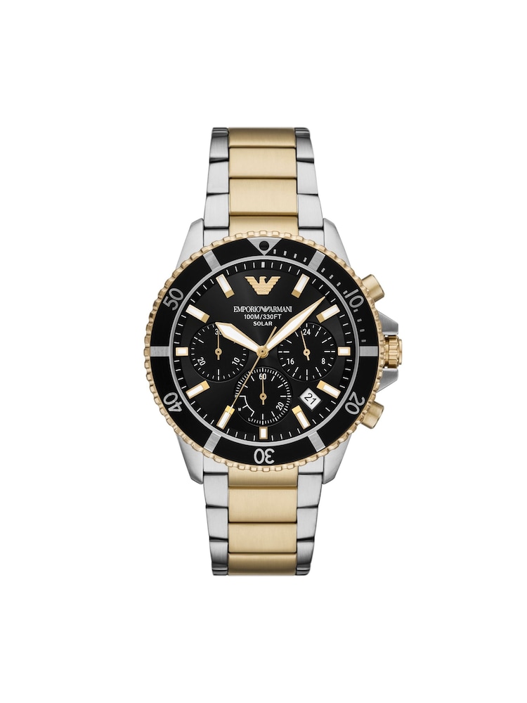 Emporio Armani Black Gold/Silver Tone World Explorer Solar-Powered Chronograph Stainless Steel Watch - Image 1 of 4
