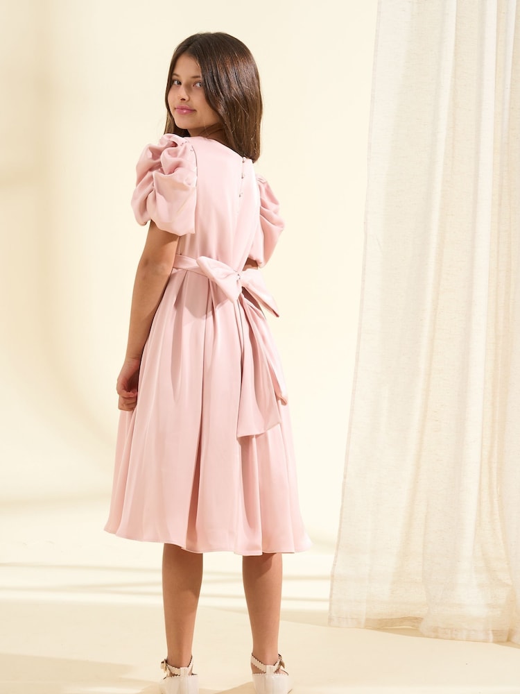 open lace back dress Bright Hot Pink Tie Neck Contrast Trim Short Dress main image 0
