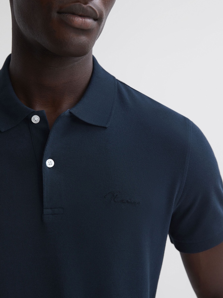 Reiss Navy Peters Slim Fit Garment Dyed Embroidered Polo Shirt - Image 1 of 7
