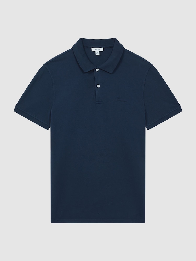 Reiss Navy Peters Slim Fit Garment Dyed Embroidered Polo Shirt - Image 2 of 7