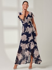 Jolie Moi Navy Blue Floral Gisselle Ruffle Hem Mesh Maxi Dress - Image 1 of 6