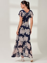 Jolie Moi Navy Blue Floral Gisselle Ruffle Hem Mesh Maxi Dress - Image 2 of 6