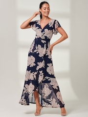 Jolie Moi Navy Blue Floral Gisselle Ruffle Hem Mesh Maxi Dress - Image 5 of 6
