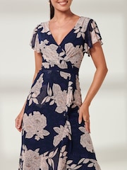 Jolie Moi Navy Blue Floral Gisselle Ruffle Hem Mesh Maxi Dress - Image 6 of 6