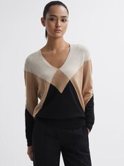 Reiss Camel/Black Charlotte Wool Blend Argyle Jumper - Image 1 of 4