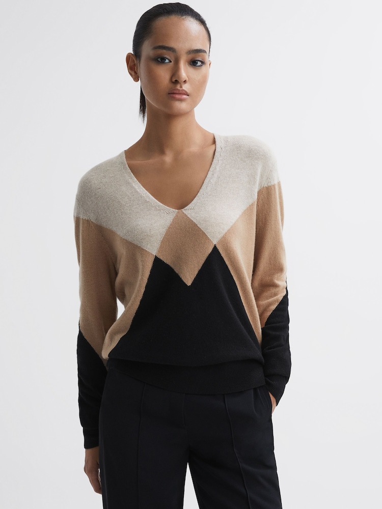 Reiss Camel/Black Charlotte Wool Blend Argyle Jumper - Image 1 of 4