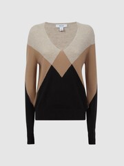 Reiss Camel/Black Charlotte Wool Blend Argyle Jumper - Image 2 of 4