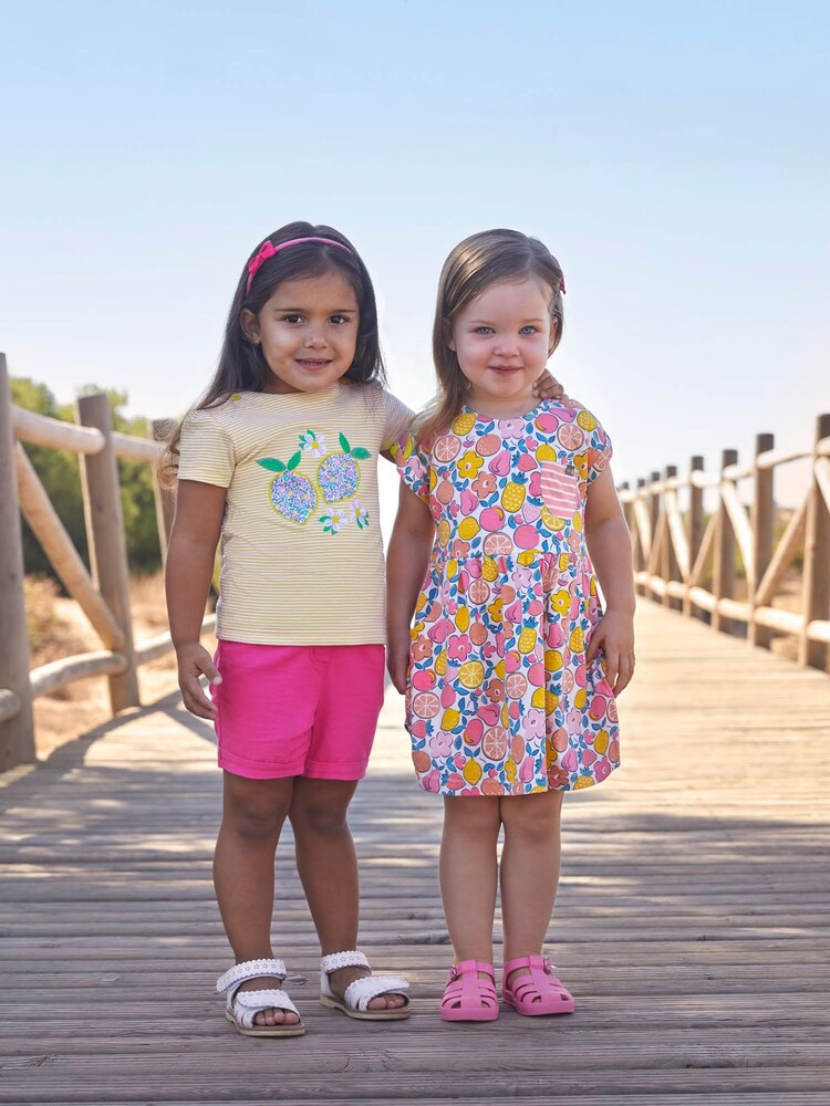 JoJo Maman Bébé Pink Summer Fruit Print Drop Shoulder Dress - Image 3 of 5