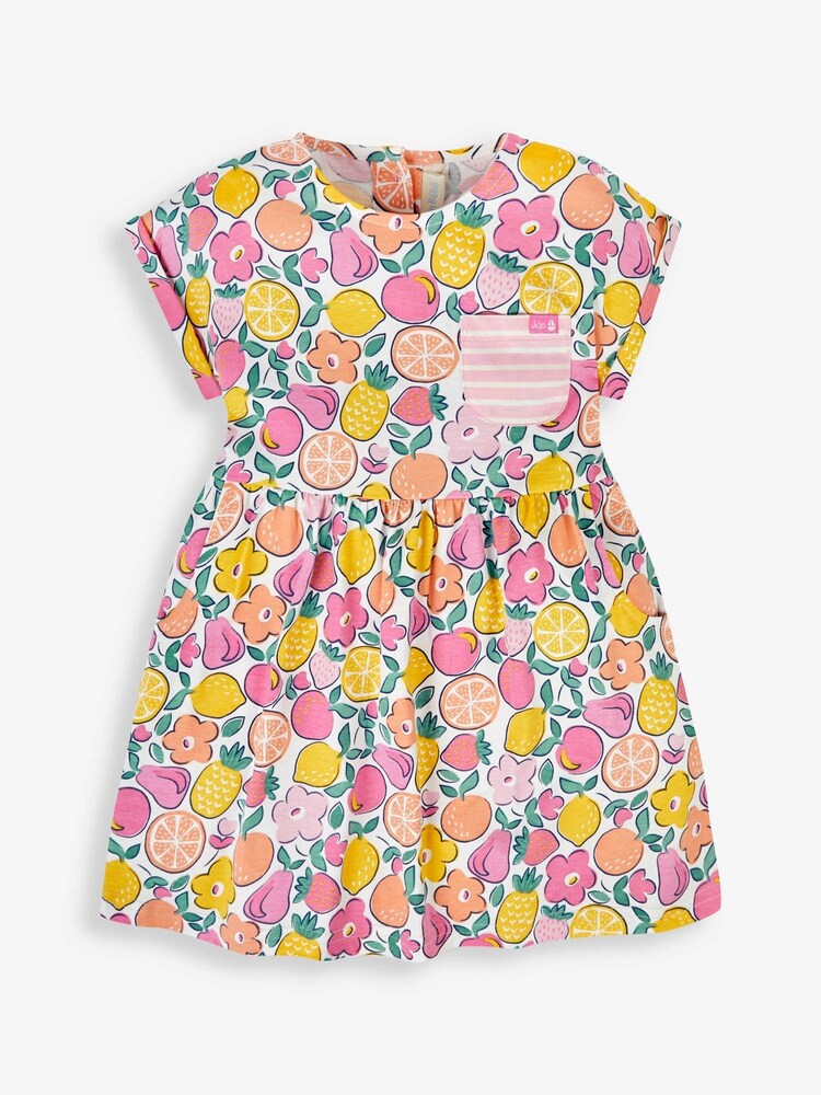 JoJo Maman Bébé Pink Summer Fruit Print Drop Shoulder Dress - Image 4 of 5