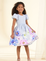 Angel & Rocket Purple Anna Mint Border Print Puff Sleeve 100% Cotton Dress - Image 1 of 6