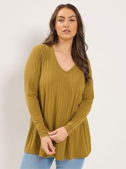 Yours Curve Yellow Plunge Neck Ribbed Swing T-Shirt - Image 1 of 6