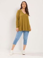 Yours Curve Yellow Plunge Neck Ribbed Swing T-Shirt - Image 3 of 6