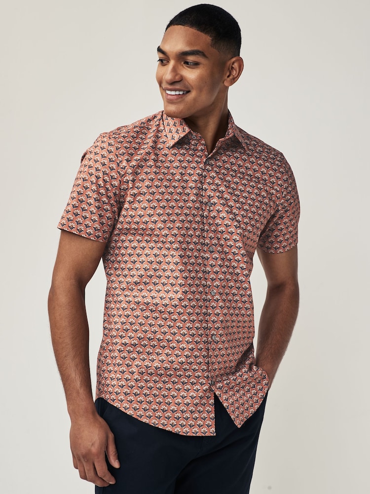 Terracotta Brown Floral Block Regular Fit Printed Short Sleeve Shirt - Image 1 of 7
