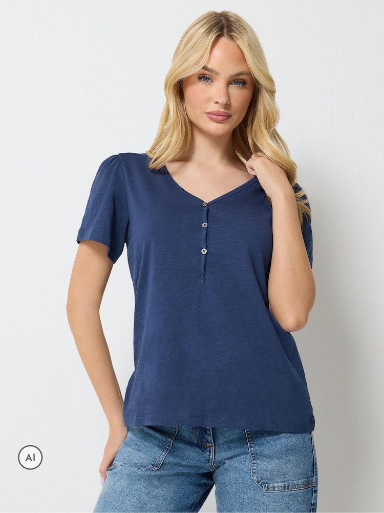 Asul - M&Co Placket Short Sleeve Cotton Top - Larawan 1 ng 6