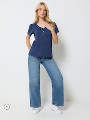 Asul - M&Co Placket Short Sleeve Cotton Top - Larawan 2 ng 6