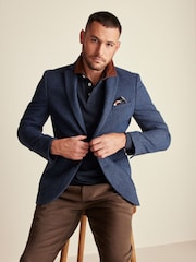 Blue Slim Fit Wool Rich Herringbone Blazer - Image 1 of 11