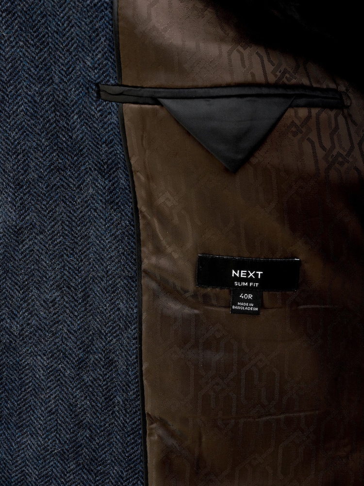 Blue Slim Fit Wool Rich Herringbone Blazer - Image 6 of 11